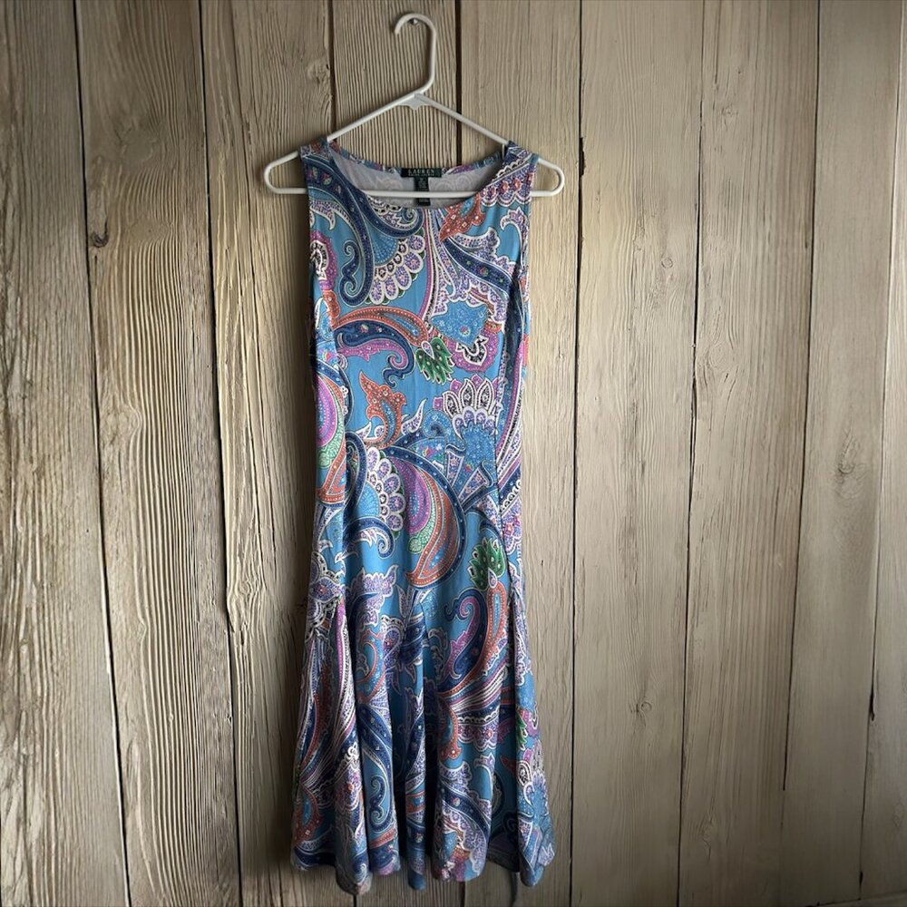 Lauren Ralph Lauren Paisley Fit & Flare Dress Blue Sleeveless Stretch Midi - Picture 4 of 6